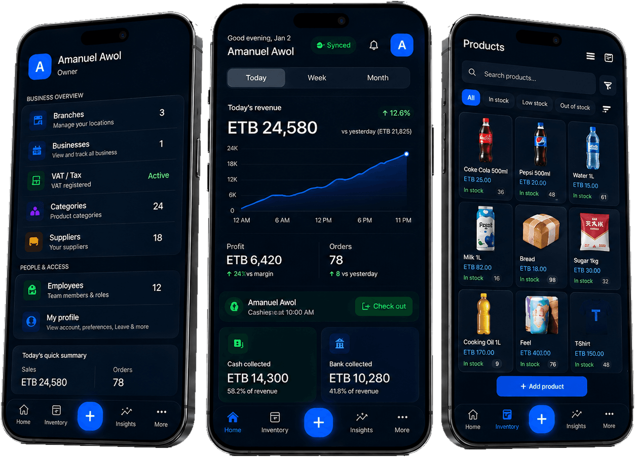 Suke mobile app — dashboard, business overview and product inventory